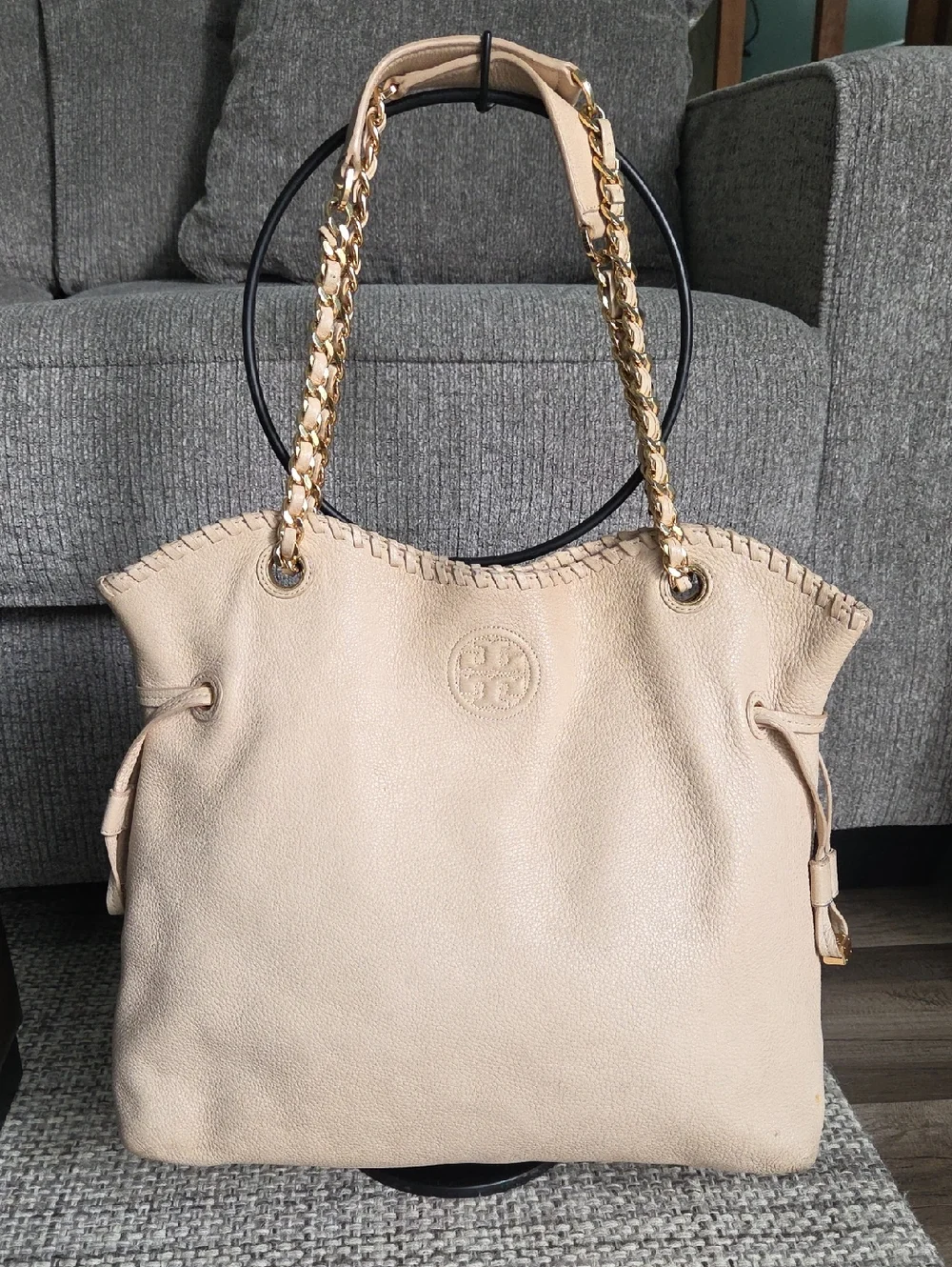 Tory Burch Marion Slouchy Leather Chain Tote Bag Neutral Beige